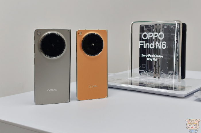 OPPO Find N6 旭日暖橘與無界鈦雙色外觀展示,呈現機身背蓋材質質感。