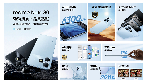 realme Note 80 搭載 6300mAh 大電池與 IP54 日常防塵防水
