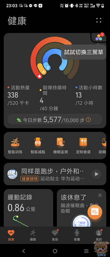 華為健康 App 健康三葉草與各項監測指標主頁