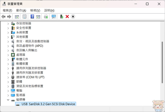 Windows 裝置管理員識別 USB SanDisk 3.2 磁碟