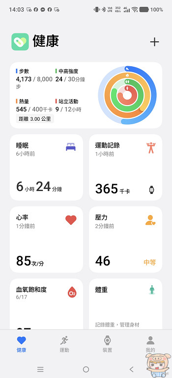 Origin 健康 App 整合之每日步數、消耗熱量與今日運動環主面板