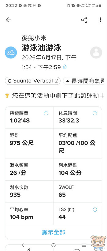 Suunto App 游泳池實測紀錄包含持續時間、滑水頻率與技術生理指標數據