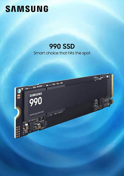 Samsung 990 SSD 宣傳海報展示其讀寫速度與節能效率特色
