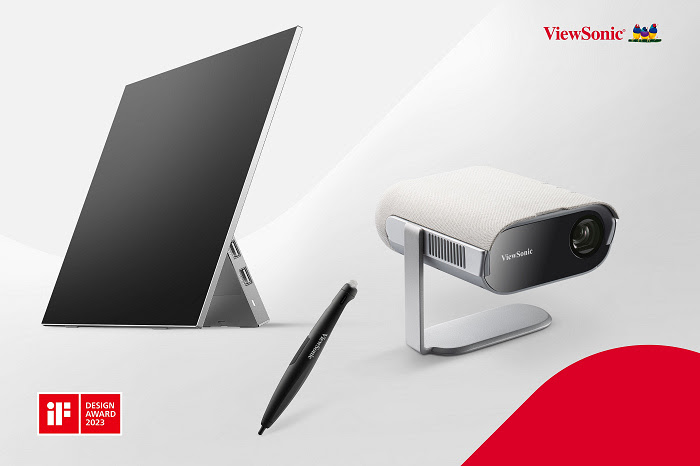 nEO_IMG_【新聞照片1】ViewSonic M1 Pro智慧LED可攜式投影機(由右至左)、VB-PEN-007 AirPen簡報筆和VX1655-4K-OLED 15.6吋可攜式顯示器榮獲iF設計大獎，肯定ViewSonic在產品創新、設計的卓越表現。.jpg